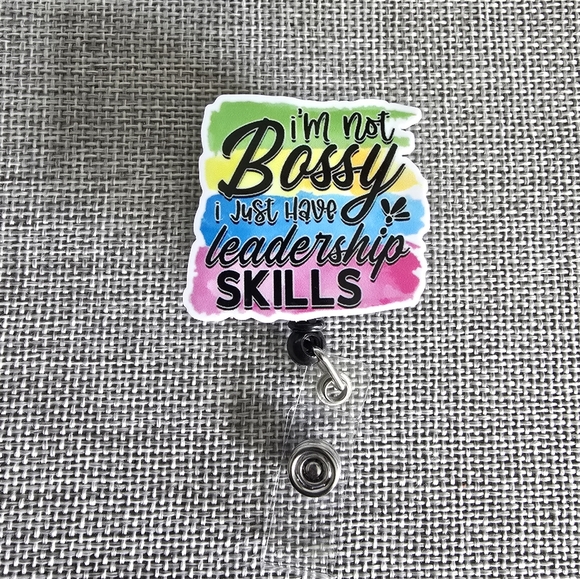 Bossy Leadership Skills Blue Pink Retractable Name Badge ID Reel Holder - Picture 1 of 2